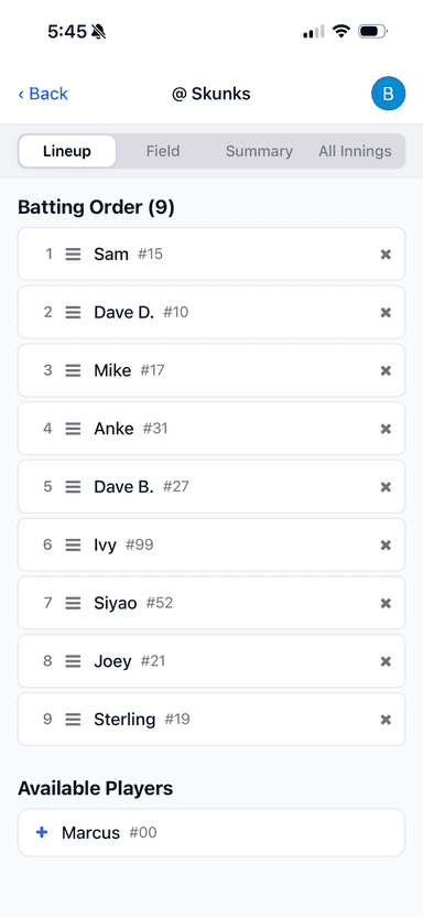 Batting order editor
